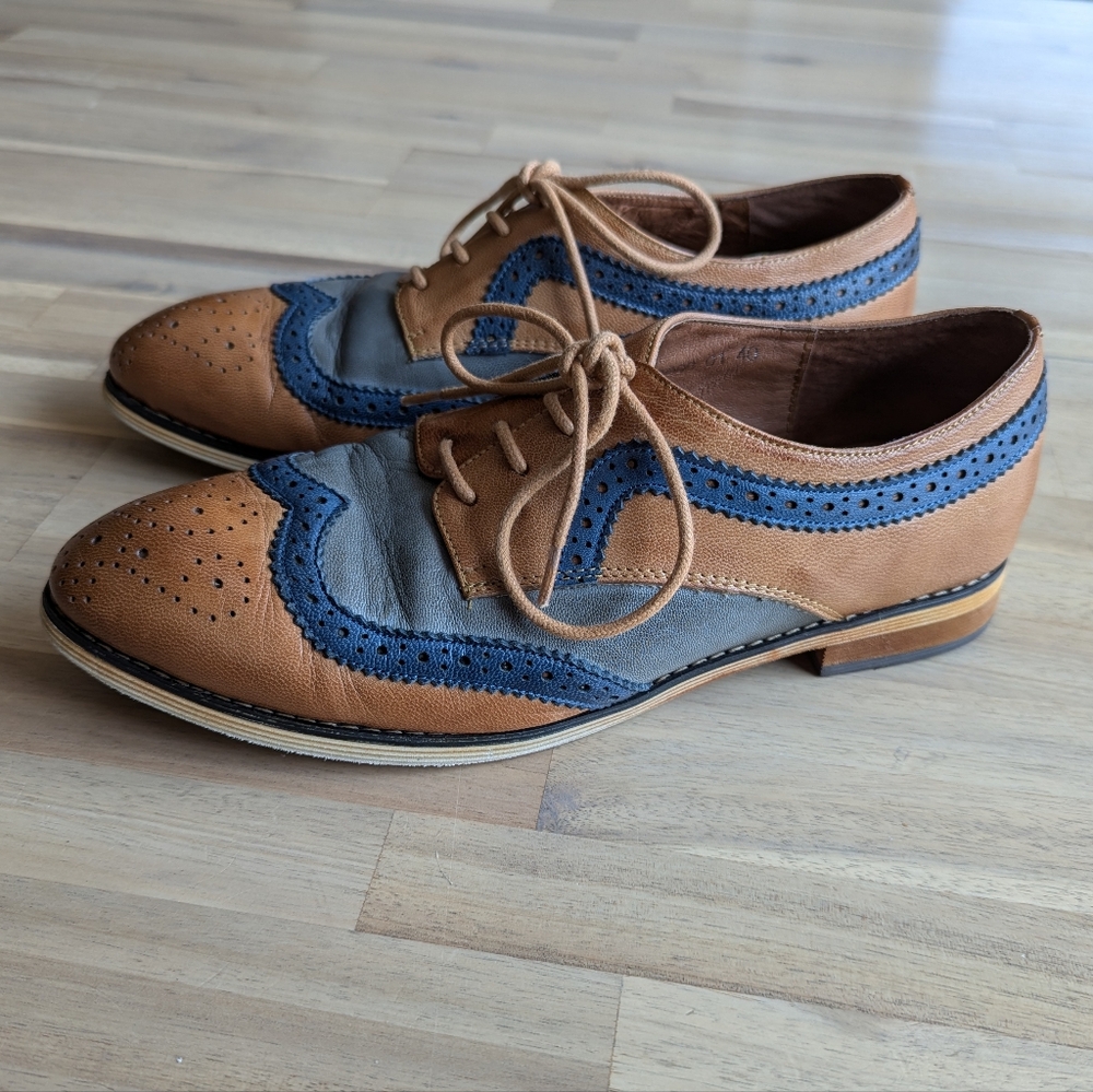 Blue and Tan Flats with Brogue Detailing